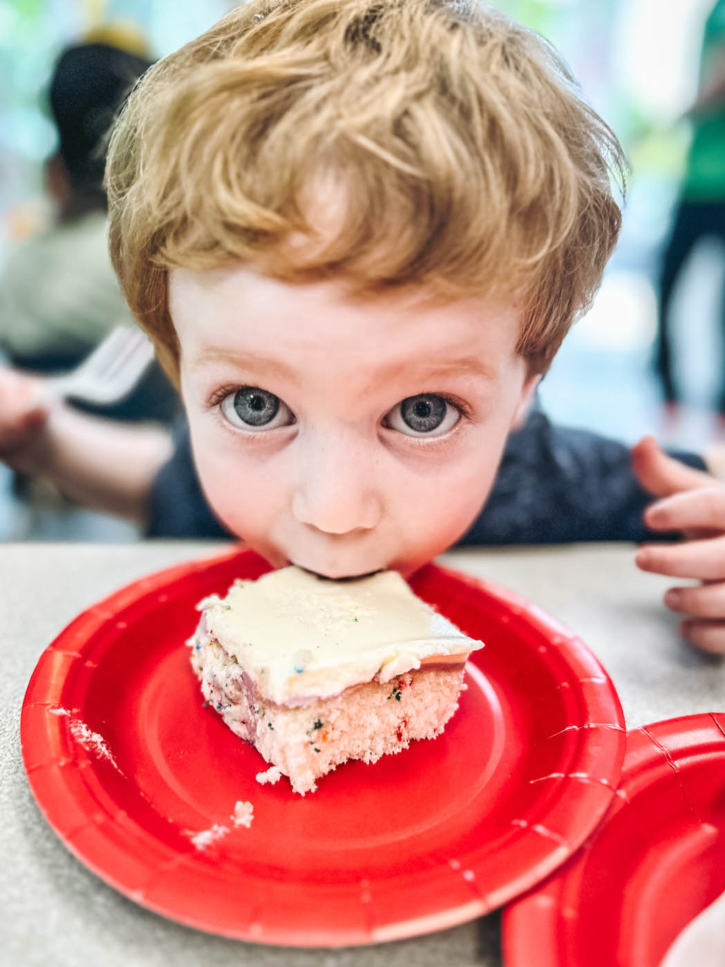 A kid taking a big bite out of a cake piece at Romp n' Roll - a children's party place in Wethersfield, CT.